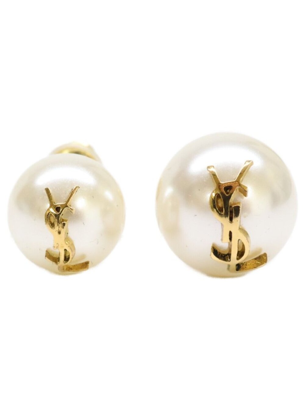 Saint Laurent Paris Cassandra Logo Asymmetric Glass Pearl Earrings